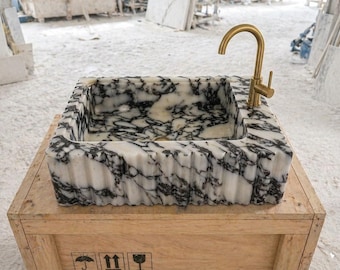Custom Size Handcarved Calacatta Viola Marble Sink – A Luxurious Vessel Sink Ideal for Bathroom Vanities