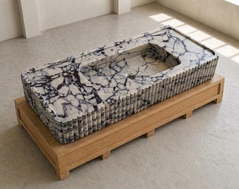 Calacatta Viola Double Sink, Fluted Front Marble Vanity Sink – 18″x51″, Luxury Natural Stone Bathroom Basin, Custom Handcrafted Solid Marble