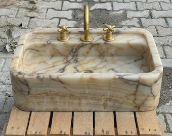Custom Size Handcarved Calacatta Gold Marble Sink – A Luxurious Vessel Sink Ideal for Bathroom Vanities