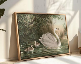 Cuadro de cisne vintage para pared, obra de arte clásica de lago, decoración romántica estilo cottagecore para el hogar.