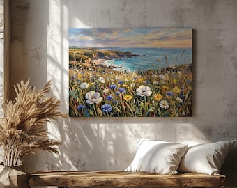 Lienzo con pradera costera de flores silvestres, póster de paisaje oceánico, decoración de pared estilo cottagecore, lámina para casa de playa, regalo de verano