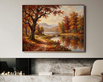 May include: A rectangular landscape painting depicting an autumn forest scene with a large tree in the foreground, a winding path covered in fallen orange and red leaves, a calm lake, a small wooden bridge, and distant mountains under a soft sky.