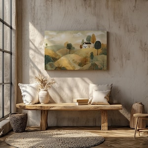 Minimalist Landscape Wall Art, Calm Living Room Canvas, Neutral Earth Tones Canvas, Modern Farmhouse Decor, Tiny House on the Hill Art