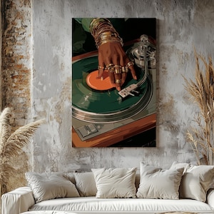 Lienzo impreso con tocadiscos de vinilo, pintura al óleo vintage de una mujer negra para pared, decoración para amantes de la música soul africana retro de DJ imagen 14