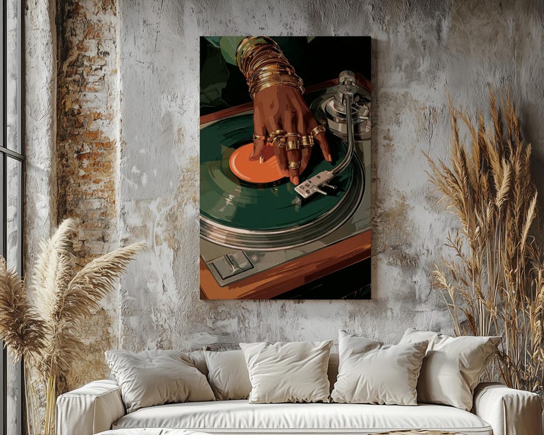 Lienzo impreso con tocadiscos de vinilo, pintura al óleo vintage de una mujer negra para pared, decoración para amantes de la música soul africana retro de DJ imagen 14