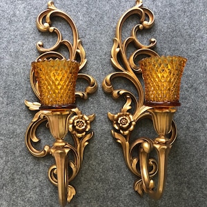 Pair of Syroco Leaf Scroll Design Wall Sconces  Complete with Votives