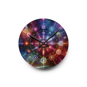 May include: A round clock with a colorful, abstract design featuring a swirling pattern of circles and lines. The clock face is a dark background with bright colors, including red, orange, yellow, green, blue, and purple. The clock hands are black.