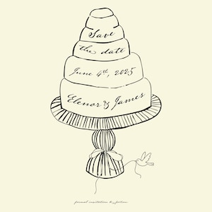 Save the Date Wedding Card Cake Illustration – Elegant Hand Drawn Invitation – Digital Download or Printed Option