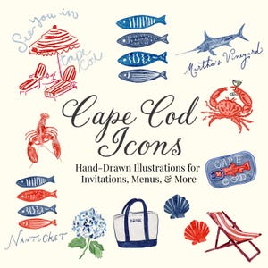 May include: A collection of hand-drawn watercolour illustrations featuring Cape Cod themes. The image includes fish, a lobster, a crab, a beach chair, and a tote bag with "BRIDE". Text reads "Cape Cod Icons" and "Invitations, Menus, & More".