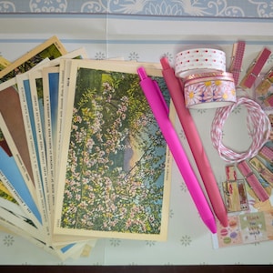 Deluxe Snail Mail Kit | Vintage Postcards + Washi + Stickers + Twine + Clothespins | Postcrossing Gift Box | Mail Art Set