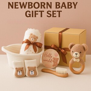 Coffret cadeau pour nouveau-né | Cadeau de naissance neutre entre les sexes | Panier ours au crochet | Cadeau de naissance fait main | Boîte souvenir Hello World
