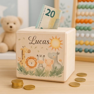 Cofrinho de madeira personalizado com tema de safári – presente personalizado para bebê, porta-moedas artesanal com nome, decoração de quarto de bebê, lembrança de batismo