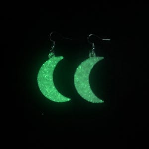 Green Sparkle Glow in the Dark 3D Printed Moon Earrings - Made with Biodegradable PLA
