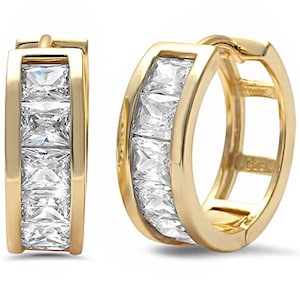 14K Solid Yellow Gold Hoop Earrings, Princess Cut CZ Hoops, Dainty Gold Earrings, Gift for Her, Minimalist Jewelry, Sparkling Hoops