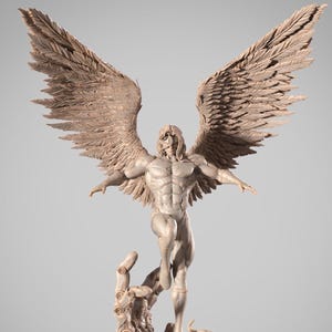May include: A detailed resin statue of a winged figure with outstretched arms. The figure has a muscular physique and is standing on a textured base. The wings are large and feathered. The statue is in a neutral colour and is labelled "Scale 1/6".