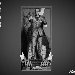 May include: Black and white resin figure of Frankenstein, posed in a doorway. The figure is wearing a suit and has outstretched arms. The base of the figure has the word "Frankenstein" printed on it. The figure is 1/6 scale.