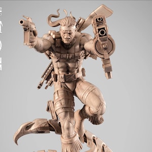 May include: A detailed resin statue of a muscular action figure in a dynamic pose, holding two large guns. The figure is wearing tactical gear and has a determined expression. The statue is a 1/6 scale model.