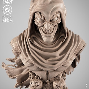 May include: A detailed bust of the Green Goblin from the Amazing Spider-Man comics. The sculpture features a menacing face with a wide grin, hooded cloak, and pumpkin-themed base. The bust is in a neutral color and is 1/4 scale.