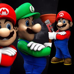 May include: A 3D diorama featuring Mario and Luigi, iconic video game characters. Mario wears a red cap and overalls, holding a wrench. Luigi, in green, also holds a wrench. The image has the text "MARIO & LUIGI DIORAMA" and "WICKED".