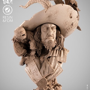 May include: A detailed bust of a pirate captain with a wide-brimmed hat, long hair, and a beard. A monkey sits on his shoulder. The bust is tan and features intricate details, including bullet holes in the hat and the text "Pirates of the Caribbean".