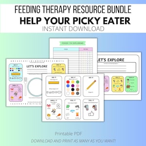 Puede incluir: Paquete de recursos imprimibles en PDF para terapia alimentaria, titulado "Feeding Therapy Resource Bundle Help Your Picky Eater Instant Download". El paquete incluye hojas de trabajo con actividades como "Let's Explore" y "Foods I'm Exploring".