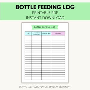Puede incluir: Un registro de alimentación con biberón en PDF imprimible con el título "BOTTLE FEEDING LOG" en letras negras en negrita. El registro incluye columnas para la hora, la cantidad, la duración y los comentarios.