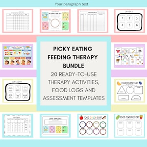 Può includere: Una raccolta di fogli di attività di terapia stampabili e colorati per chi mangia in modo schizzinoso. Il pacchetto include registri alimentari, modelli di valutazione e attività. Il testo include "Picky Eating Feeding Therapy Bundle" e "20 Ready-to-Use Therapy Activities".