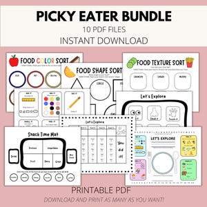 Könnte beinhalten: Eine Sammlung druckbarer PDF-Arbeitsblätter für wählerische Esser. Die Arbeitsblätter umfassen Aktivitäten zum Sortieren von Lebensmitteln nach Farbe, Form und Textur sowie eine Snack-Zeit-Matte und Erkundungsanleitungen. Der Text auf dem Bild lautet "Picky Eater Bundle".