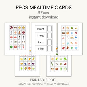 May include: Printable PECS mealtime cards with 8 pages available for instant download. The cards include visual aids for communication, featuring food, activities, and feelings. The cards are designed to be printed and used.