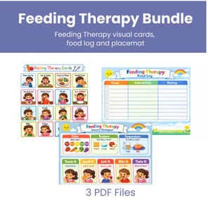 Könnte beinhalten: Ein Bundle für die Ernährungstherapie, das visuelle Karten, ein Ernährungsprotokoll und eine Tischunterlage enthält. Die Karten zeigen Kinder beim Umgang mit Lebensmitteln, das Protokoll bietet Platz für Notizen. Das Bundle enthält 3 PDF-Dateien.