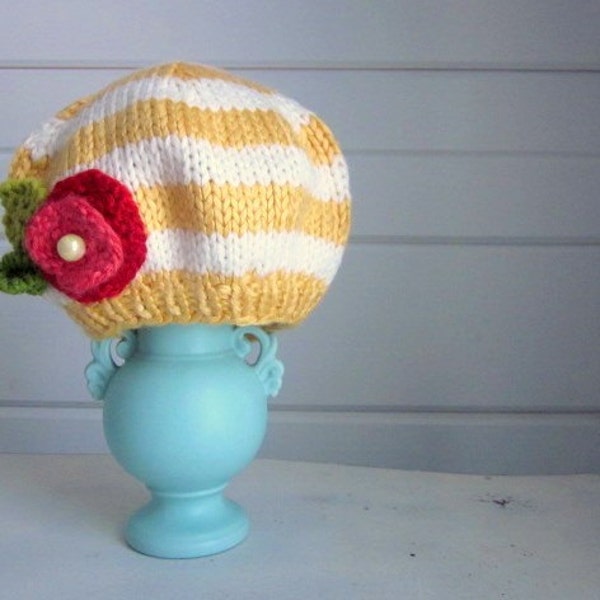 Knit Baby Girl Hat with Flower,any size, yellow white red coral, Stripey Blossom Baby Hat by sweet baby dolly on Etsy