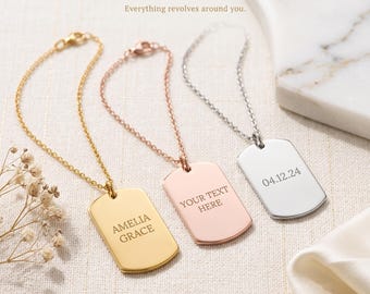 Personalized Engraved Handwriting Tag Necklace, 18k Gold Plated Stainless Steel Pendant