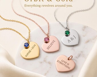 Personalized Heart Birthstone Necklace, Engraved Gold Plated Stainless Steel Pendant