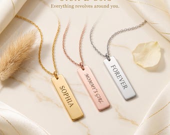 Personalized Vertical Bar Necklace, Custom Engraved Pendant, 18k Gold Plated Stainless Steel