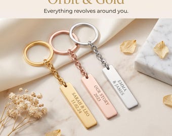 Personalized Bar Keychain, Engraved Stainless Steel, Gold Rose Gold Finishes