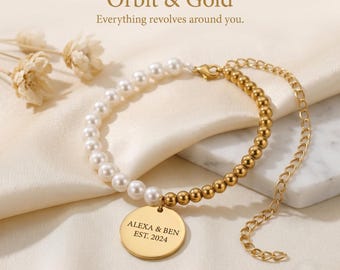 Personalized Pearl Bracelet, Engraved Gold Coin Pendant, Mother of Pearl Beaded Jewelry