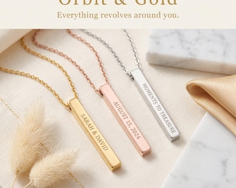 Personalized Bar Necklace, Custom Coordinates Date Pendant, 18k Gold Plated Stainless Steel