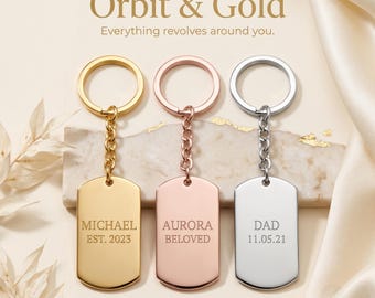 Personalized Dog Tag Keychain, Custom Engraved Stainless Steel, Gold, Rose Gold Plated