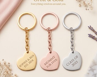 Personalized Heart Keychain, Custom Engraved Initials, 18k Gold Plated Stainless Steel, Double Sided