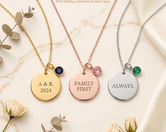 Personalized Engraved Coin Necklace, Gold Plated Disc Pendant, Custom Name Birthstone