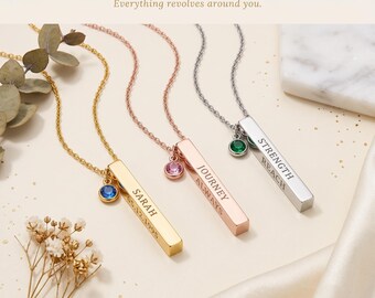 Personalized Engraved Bar Necklace with Birthstone, 18k Gold Plated Stainless Steel Pendant