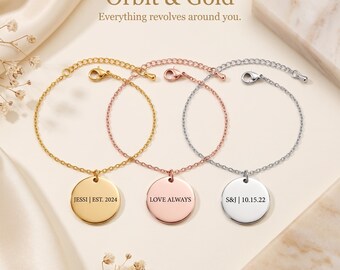 Personalized Engraved Disc Bracelet, 18k Gold Plated Stainless Steel, Adjustable Chain