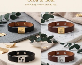 Zodiac Engraved Leather Bracelet, Astrology Star Sign Jewelry, Adjustable Band