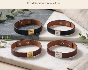Personalized Leather Bracelet, Custom Engraved Name Plate, Black Brown Band