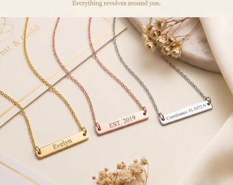 Personalized Horizontal Bar Necklace, Custom Coordinates Pendant, 18k Gold Plated Stainless Steel