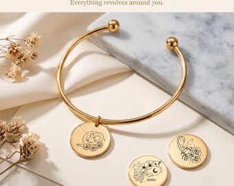 Engraved Zodiac Bangle Bracelet, 18k Gold Plated Stainless Steel Coin Pendant