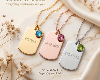 Personalized Tag Necklace, Custom Engraved Pendant, 18k Gold Plated Stainless Steel, Birthstone Charm