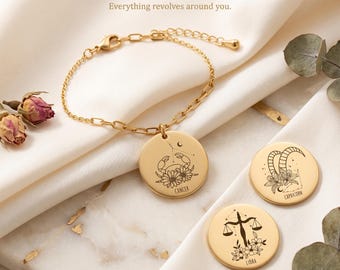 Engraved Zodiac Coin Bracelet, 18k Gold Plated Stainless Steel, Adjustable Chain