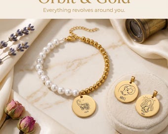 Zodiac Coin Pearl Bracelet, Engraved Star Sign, 18k Gold Plated Mother of Pearl Beads