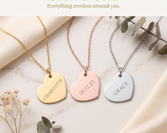 Personalized Heart Necklace, Engraved Initial Pendant, 18k Gold Plated Stainless Steel